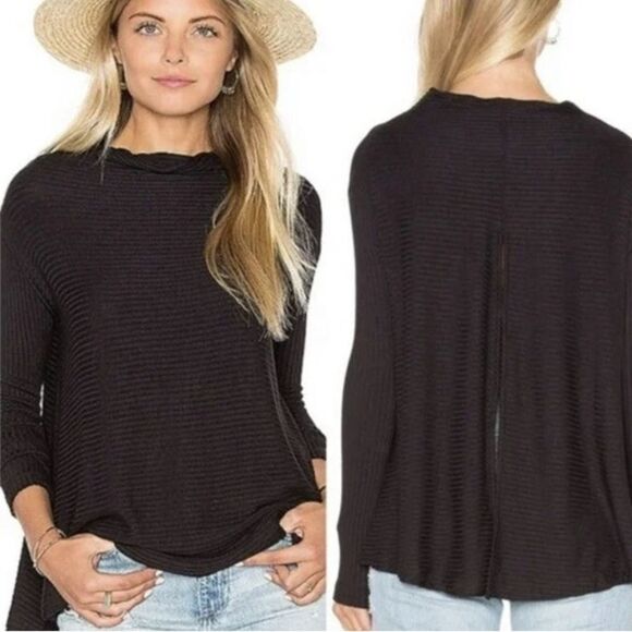 Free People We The Free Lover Rib Split Black Cut Out Back Long Sleeve Top Sz XS - Picture 1 of 7